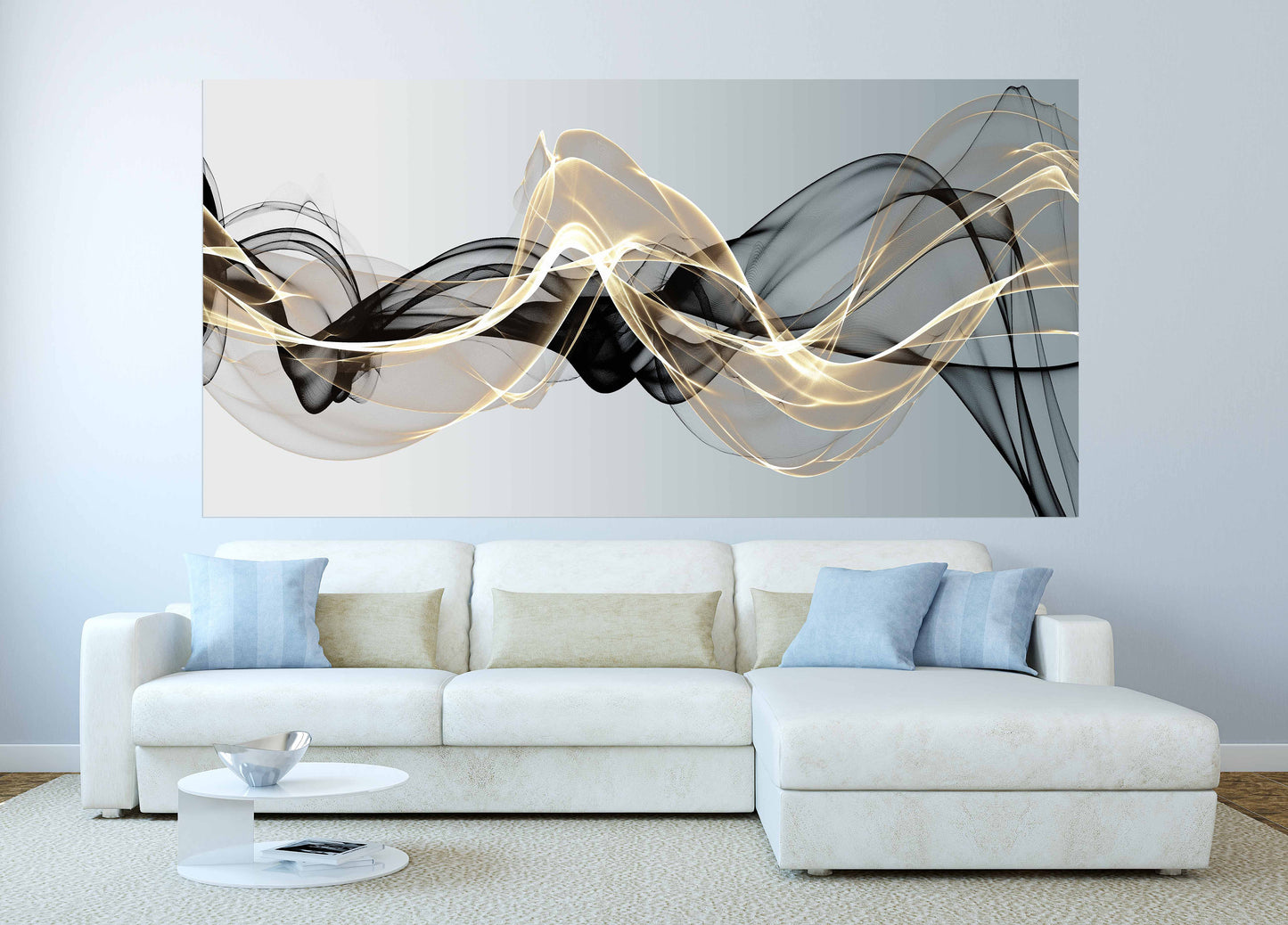 Abstract wave printable wall art, trendy black and gold framed horizontal painting, extra large floating frame wall artwork with gold wave