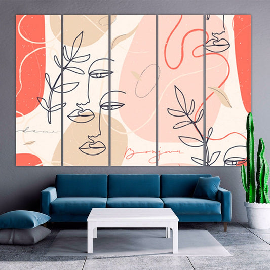 Minimal line art, Face line art, home wall decor, canvas painting, living room art, huge wall art, 5 panel canvas, kitchen decor wall
