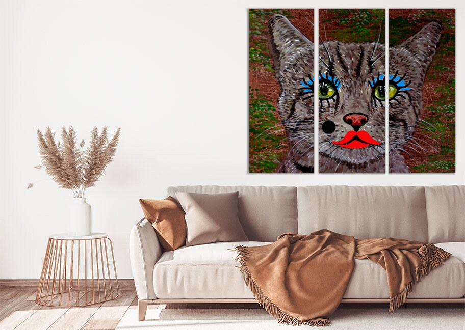 Crazy cat makeup oil painting pet portrait wall art farmhouse animal wall decor nursery extra large multi panel canvas art painting