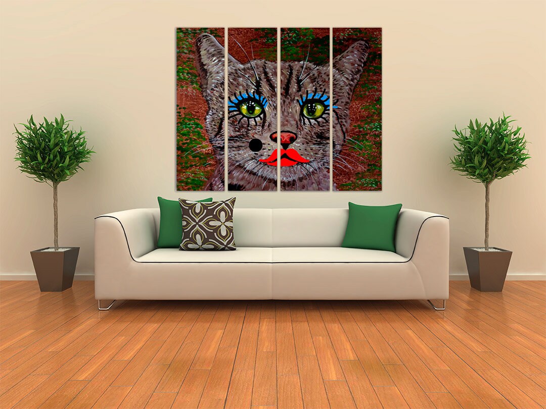 Crazy cat makeup oil painting pet portrait wall art farmhouse animal wall decor nursery extra large multi panel canvas art painting