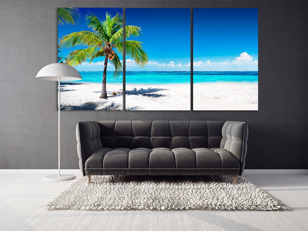 Palm tree wall art framed Beach wall decor travel prints large Nature wall art sea contemporary art Multi panel Seascape painting