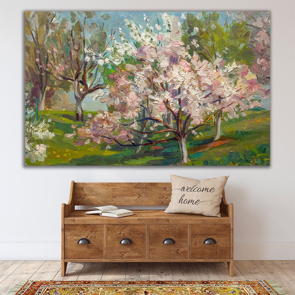 Cherry tree Oil canvas painting spring prints Flower Nature Landscape wall art Bedroom Living Farmhouse room wall decor