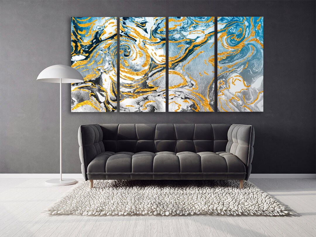 Modern abstract extra large printable wall art framed Multi panel pour canvas painting room decor