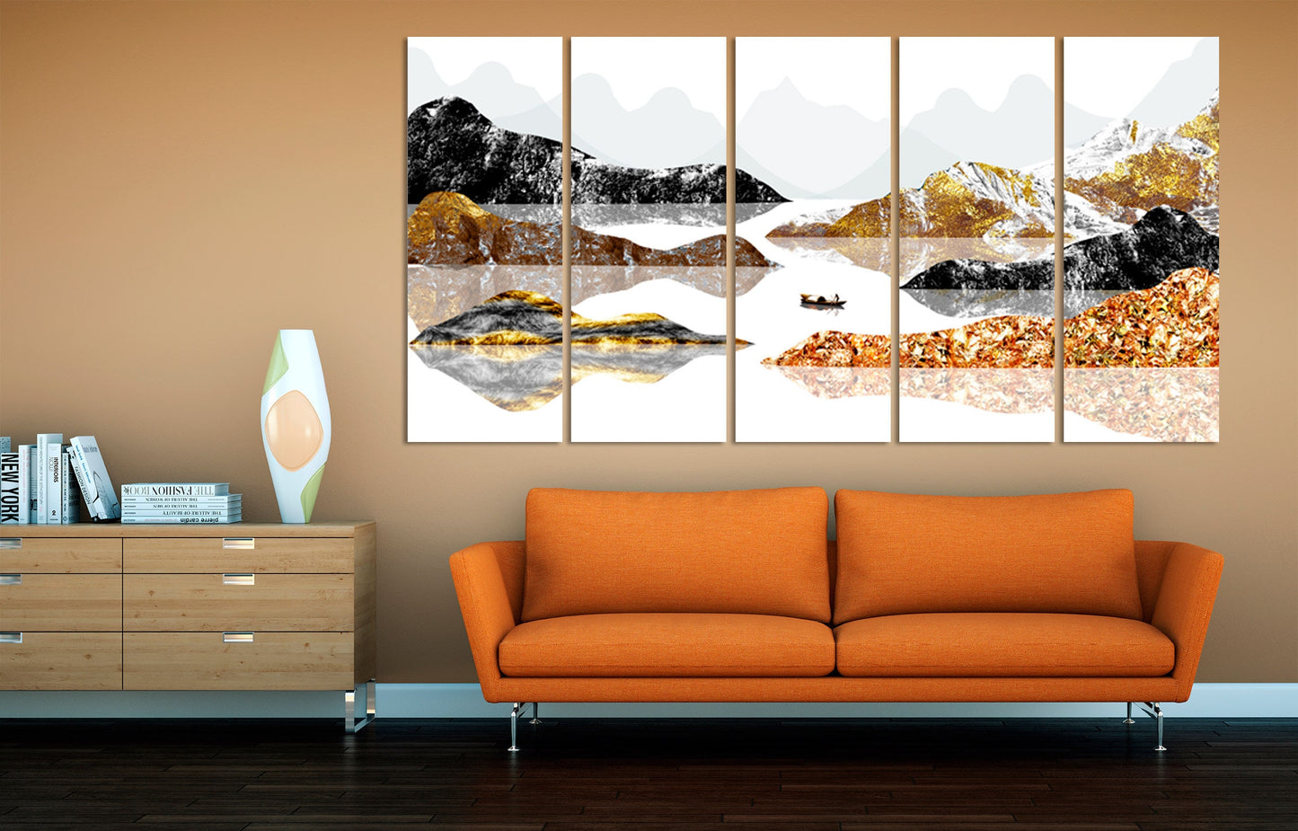 Gold mountains wall art paintings on canvas Seine river art Wall pictures mountains nature print home wall decor calm horizontal art