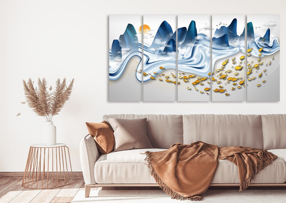 Goldfish print Gapanese wall art Mountain wall decal Blue ridge mountains line art wall print Modern abstract canvas painting