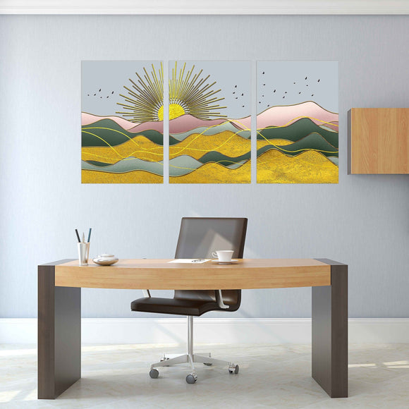 Indie room decor Golden sun Rocks and mountains 3 panel canvas Home wall decor Outdoors mountains wall art Canvas painting