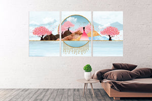Sakura blossoms Japanese wall art Canvas painting Home wall decor 3 piece frame canvas Rocks and mountains Asian wall art