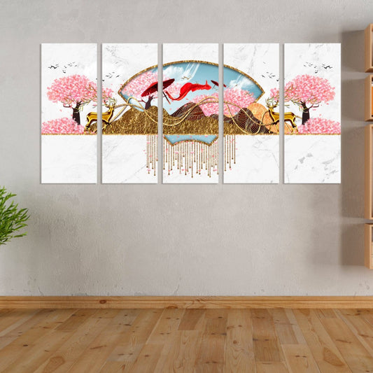 Sakura blossoms Japanese wall art Canvas painting Home wall decor 3 piece frame canvas Rocks and mountains Asian wall art Golden deer