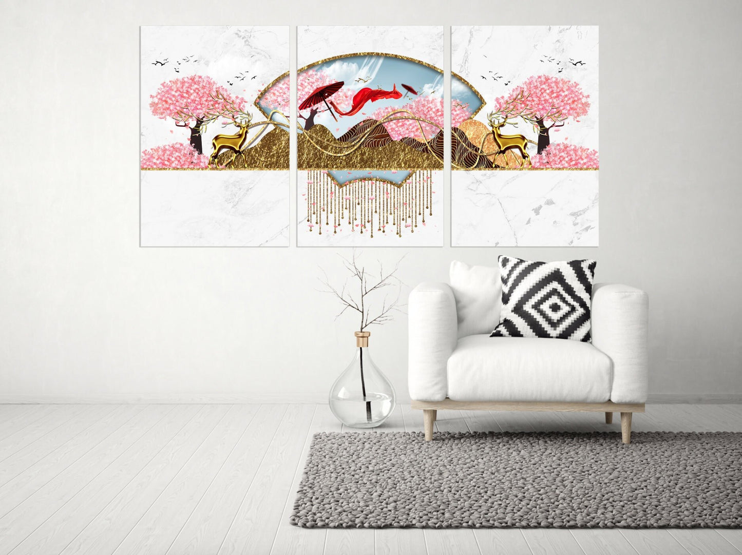 Sakura blossoms Japanese wall art Canvas painting Home wall decor 3 piece frame canvas Rocks and mountains Asian wall art Golden deer