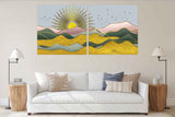 Indie room decor Golden sun Rocks and mountains 3 panel canvas Home wall decor Outdoors mountains wall art Canvas painting