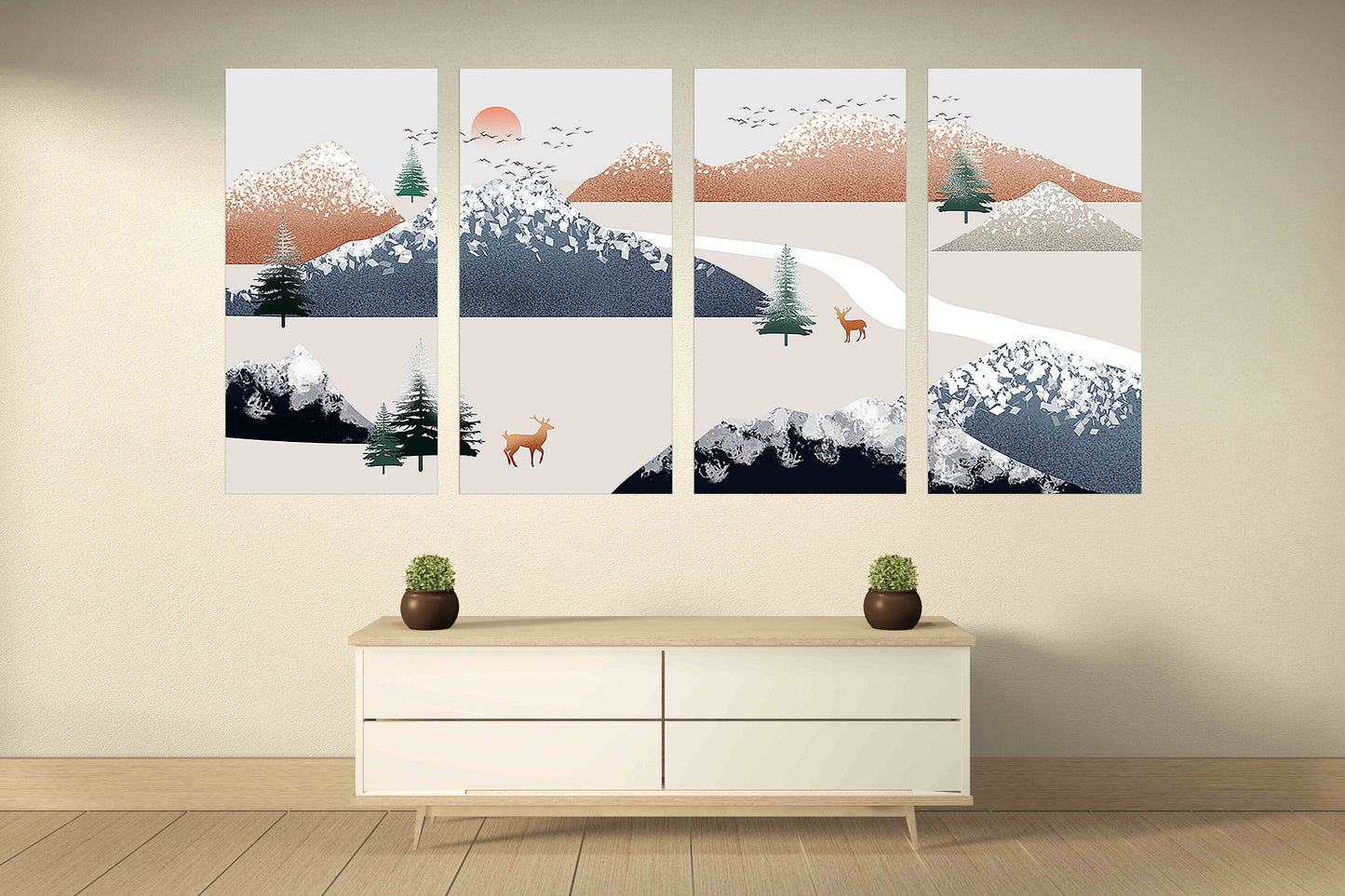 Framed wall art mountains Golden deer Rocks and mountains Smoky mountains wall art 3 panel canvas Home wall decor