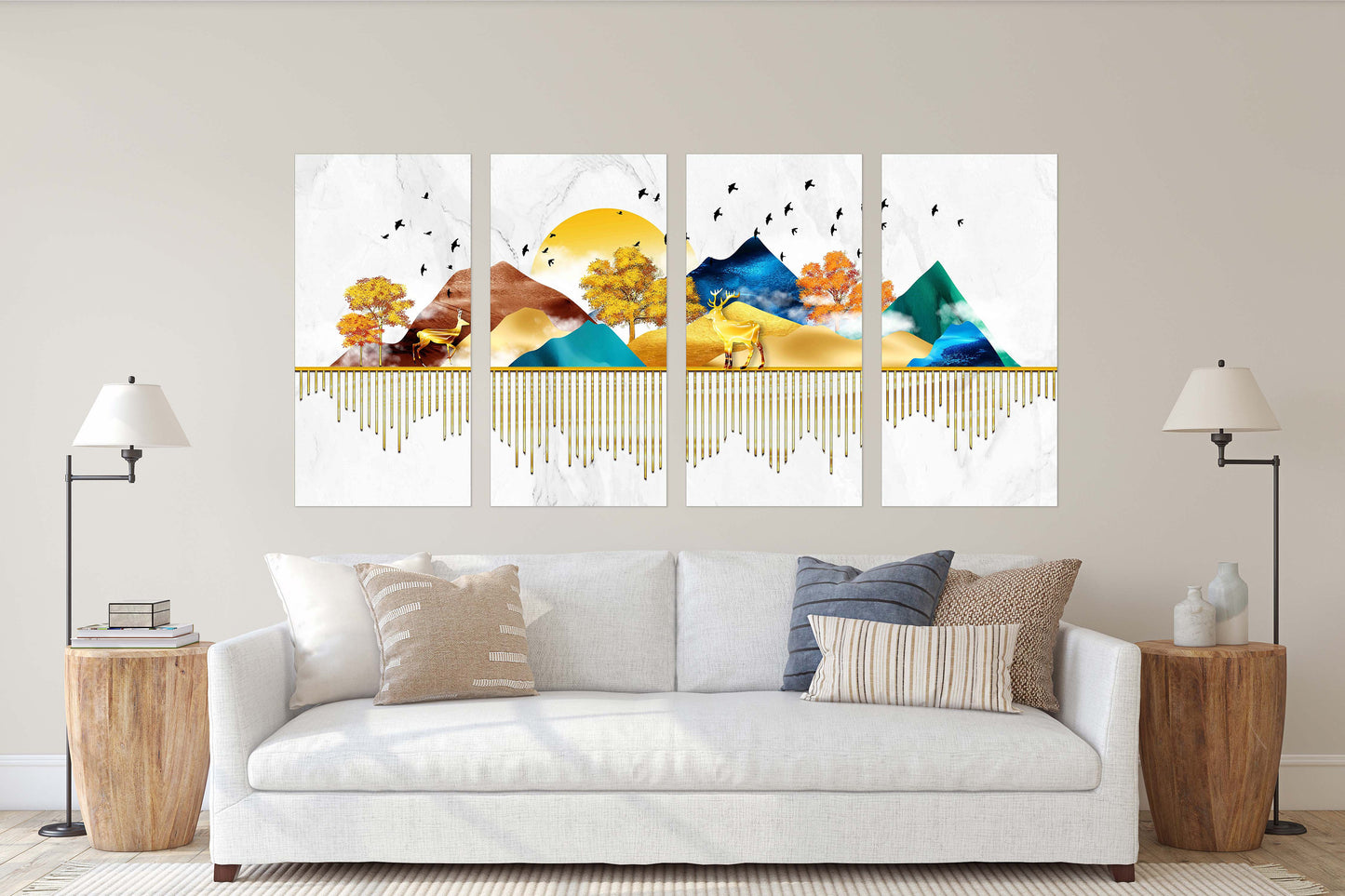 Fruit trees live plant Golden deer Blue ridge mountains wall art 3 panel canvas Outdoors mountains Canvas painting Home wall decor