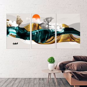 Framed wall art mountains Canvas painting Home wall decor Rocks and mountains 3 piece frame canvas Golden sun Mountains posters