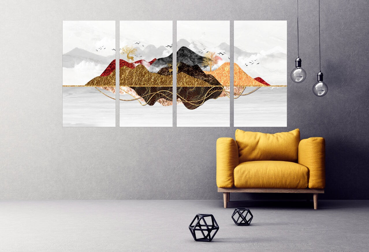 Framed wall art mountains Golden deer Smoky mountains wall art 3 panel canvas Outdoors mountains Canvas painting Home wall decor