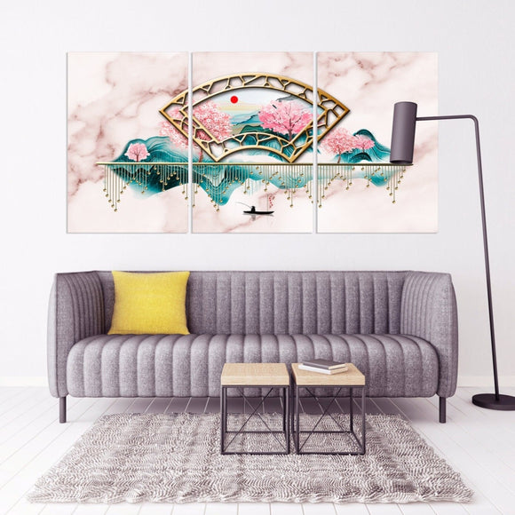 Home wall decor  Marble painting Japanese wall art Canvas painting 3 piece frame canvas Rocks and mountains Asian wall art Sakura blossoms