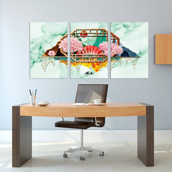 Home wall decor Green marble Japanese wall art Canvas painting 3 piece frame canvas Rocks and mountains Asian wall art Sakura blossoms