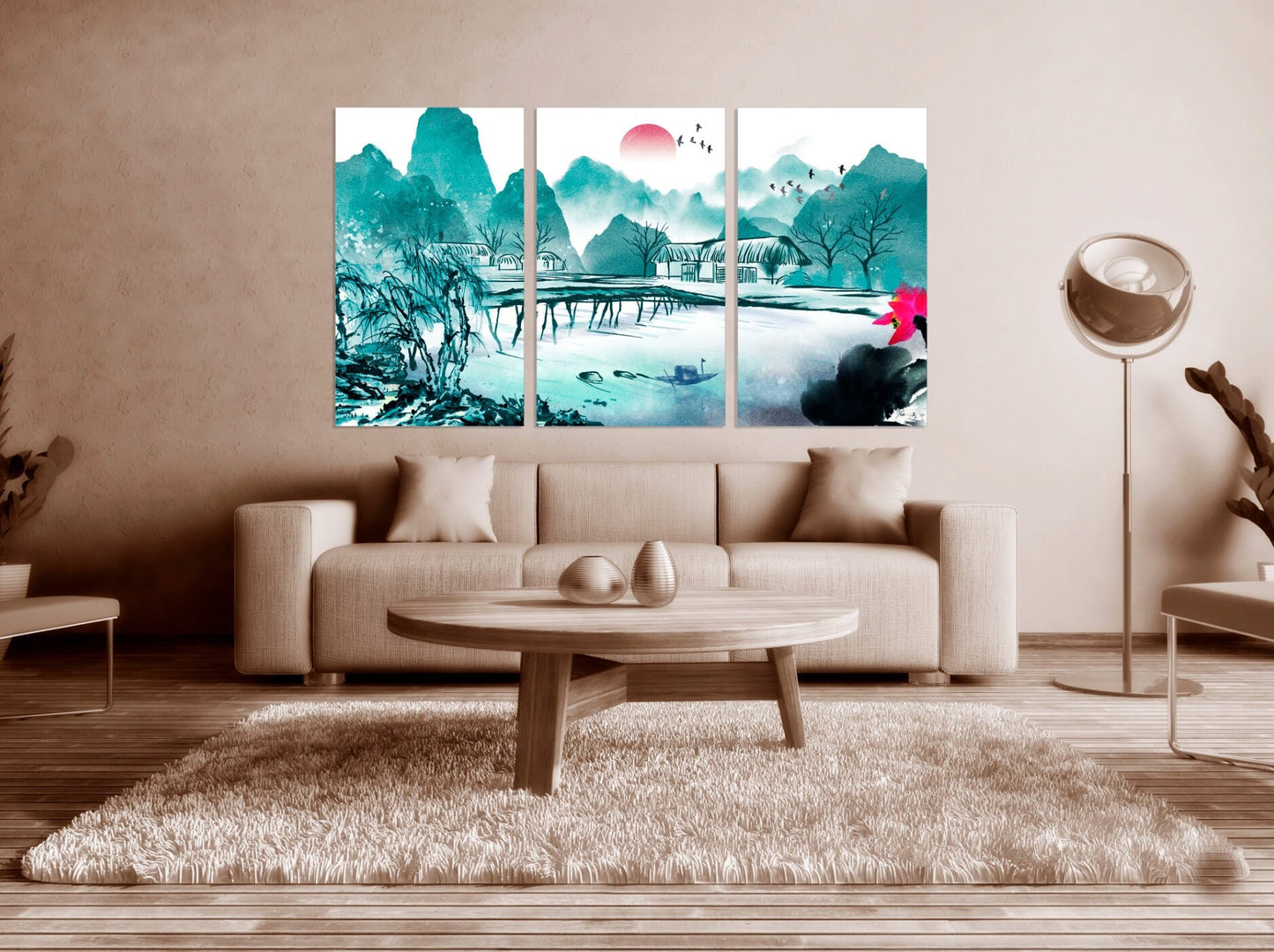 Life is better at the lake Sakura blossoms Outdoors mountains wall art Home wall decor Rocks and mountains 3 piece frame canvas Lake life