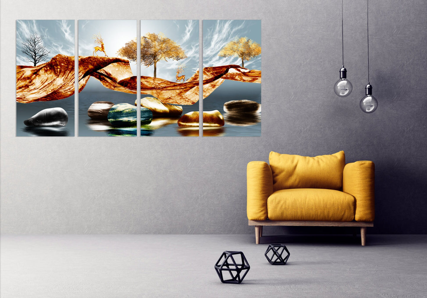 Forest animals figurines Fruit trees live plant Golden deer Canvas painting Home wall decor Infinity stones 3 piece frame canvas