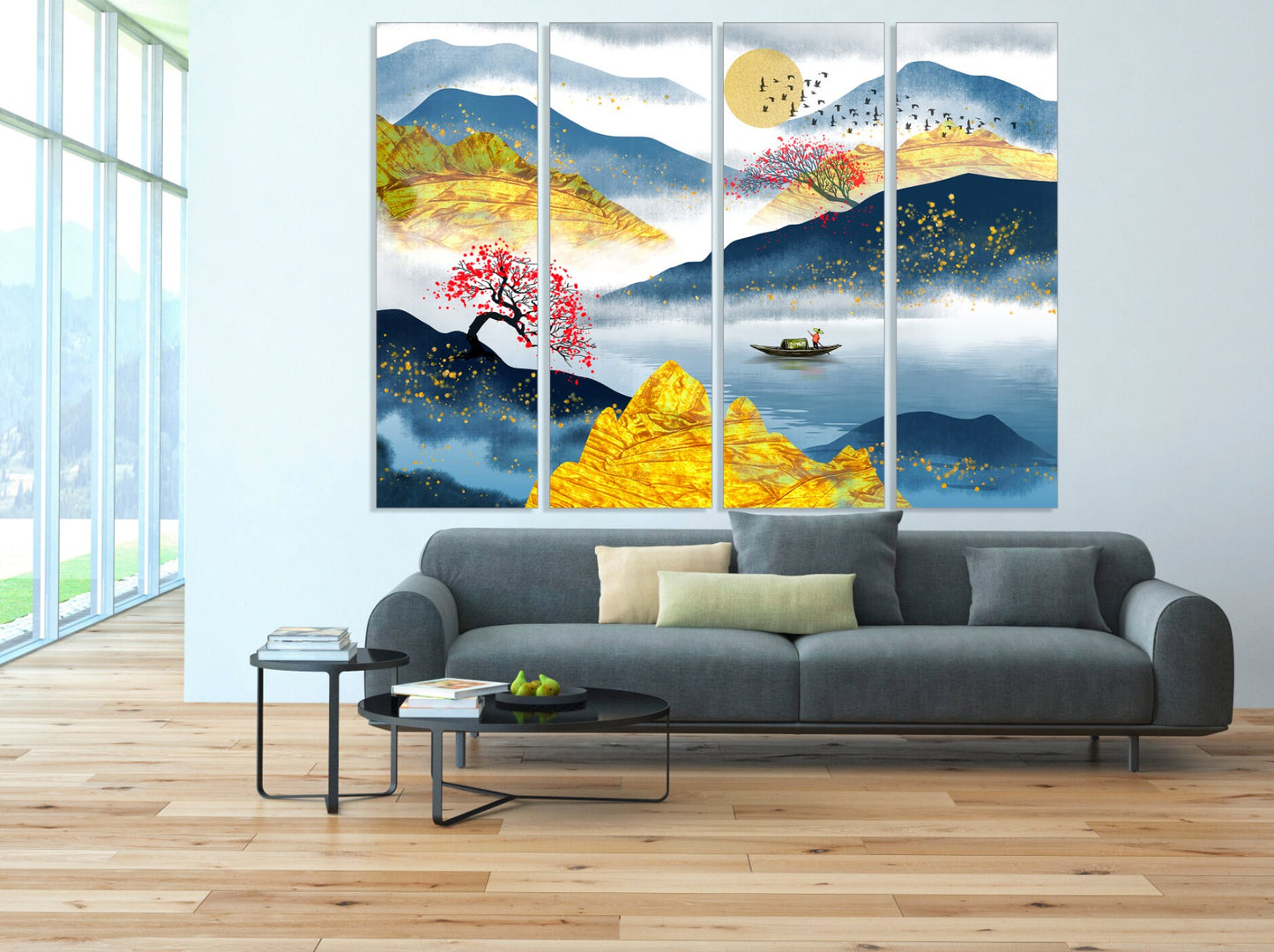 Mountain Lake decor Home wall decor Canvas painting Rocks and mountains Thin blue line Boat wood Sakura blossoms Felt boat