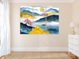 Mountain Lake decor Home wall decor Canvas painting Rocks and mountains Thin blue line Boat wood Sakura blossoms Felt boat