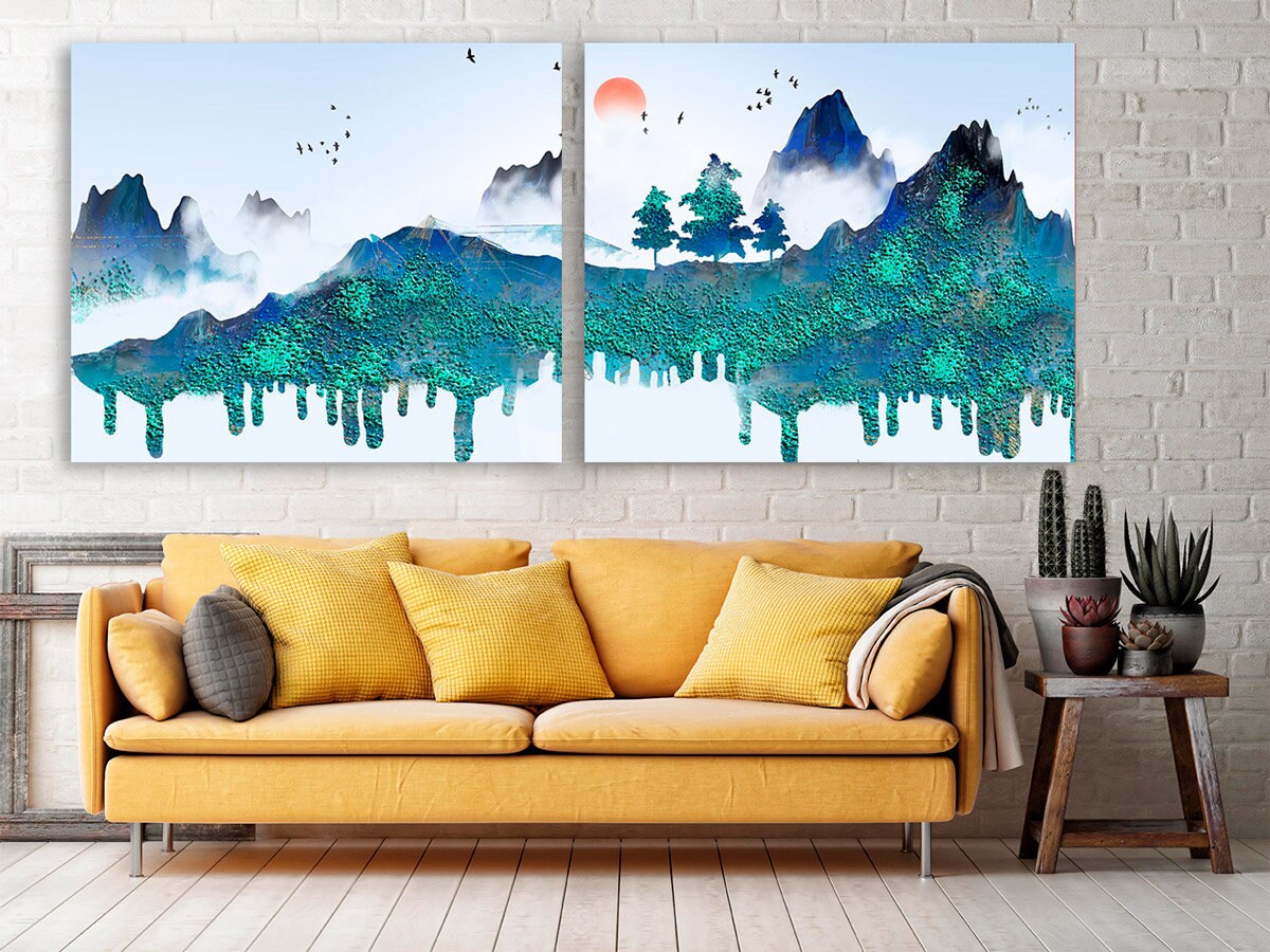 Blue ridge mountains wall art  Calm horizontal art canvas painting Home wall decor Rocks and mountains 3 piece Great smoky mountains posters