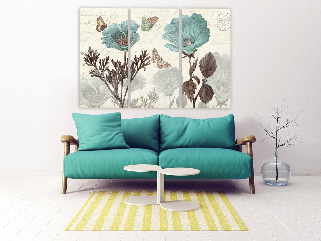 Botanical print canvas set Boho wall art Flowers painting wide Bathroom wall decor housewarming gift