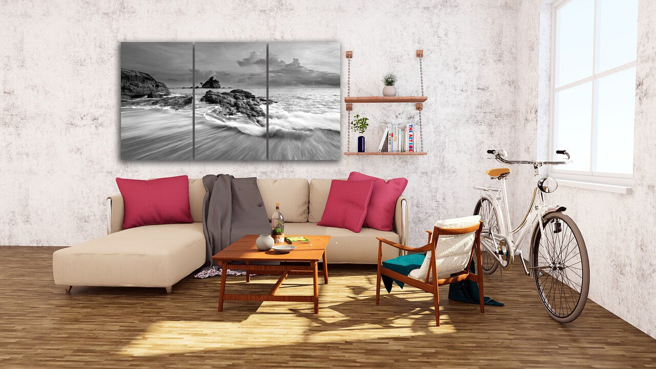 Seascape painting, large black and white canvas wall art, sea shore prints beach wall decor canvas painting
