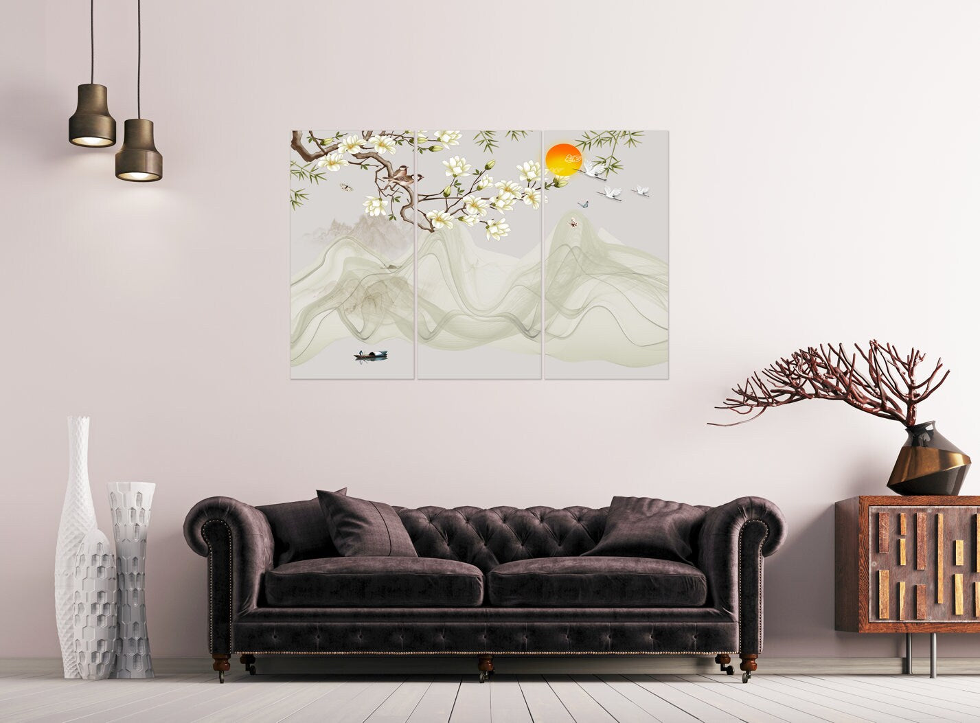 Sakura wall art deco, flower wall art, japanese wall art, asian wall art, extra large wall art, floral canvas painting, calm horizontal art