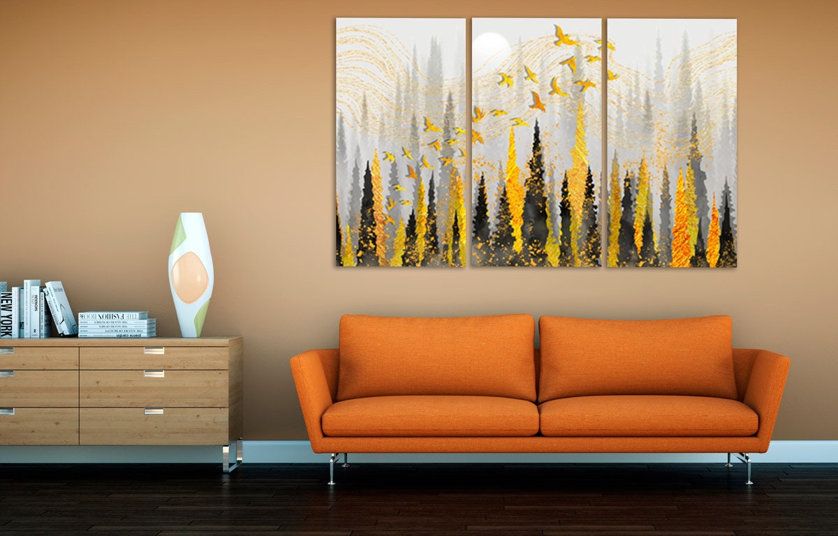 Black and gold forest wall art, Nature canvas painting, housewarming and wedding gift, farmhouse wall decor, multi panel wall art