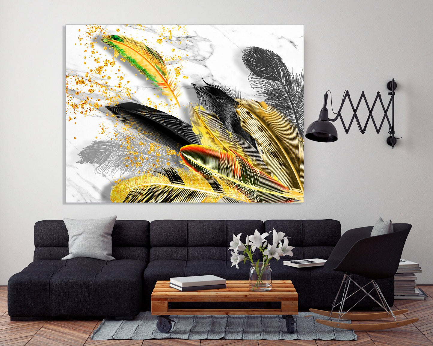 Feather wall art, feather wall decor, abstract contemporary print canvas paintings, extra large modern wall art, calm horizontal art