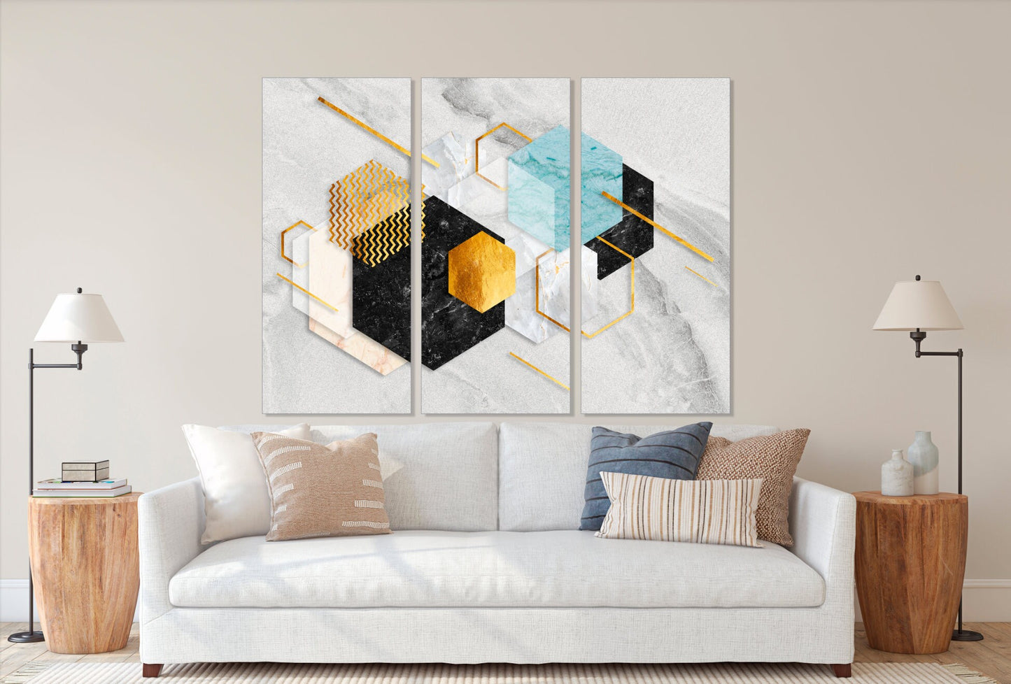 Blue gold wall art, marble minimalism abstract wall art, geometric art print, trend wall decor, extra large canvas painting