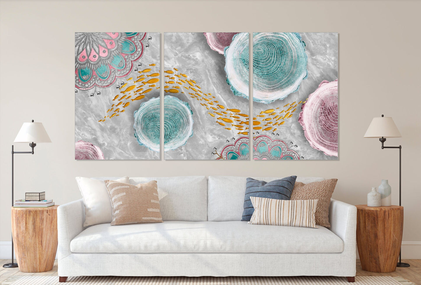 Japanese wall art, asian goldfish art, abstract canvas painting, horizontal home decor wall art, extra large multi panel wall art