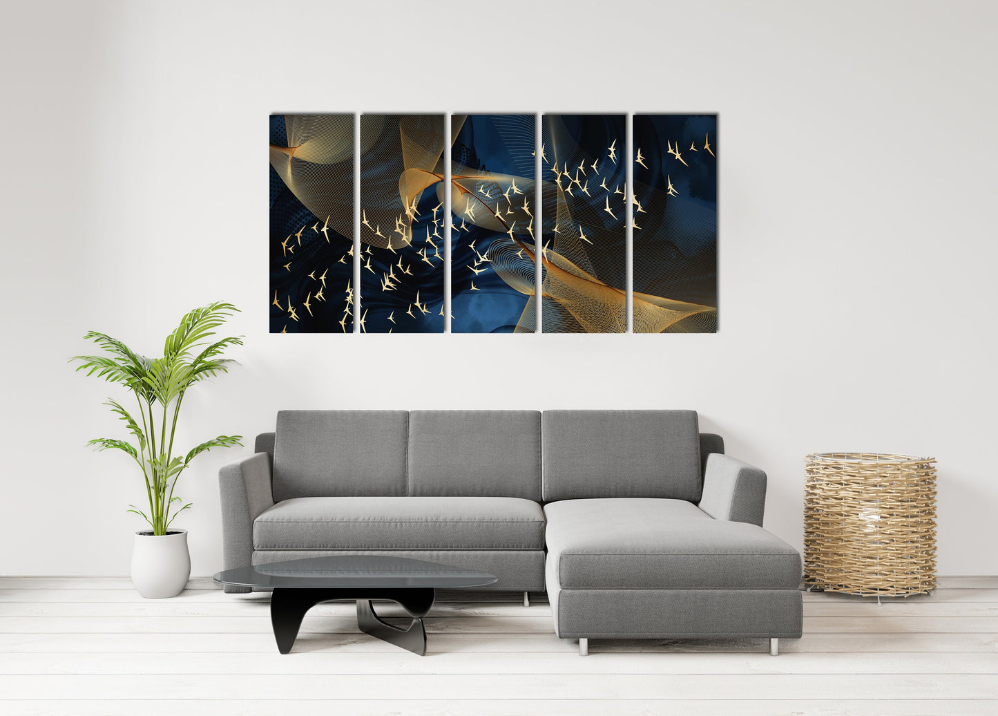 Blue gold abstract painting, trendy abstract canvas wall art print, multi panel extra large wall art