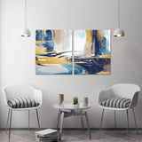 Blue yellow wall art, extra large horizontal wall art, modern abstract canvas painting, multi panel abstract print