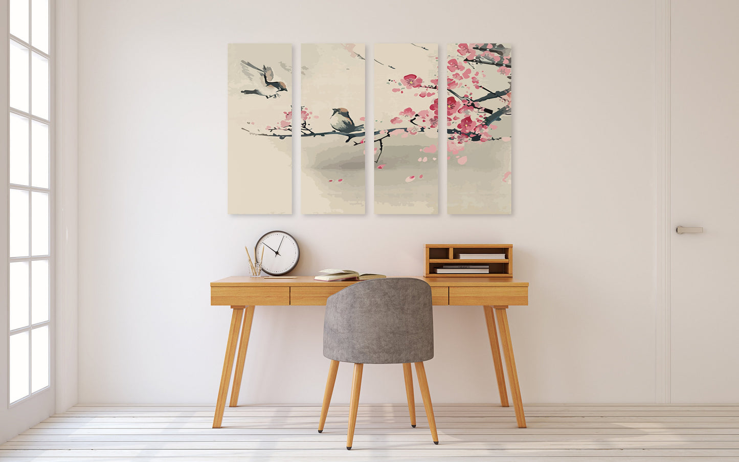 Sakura bonsai tree wall art, sakura blossoms canvas painting, floral asian wall decor japanese wall art bird prints wall art gift home decor