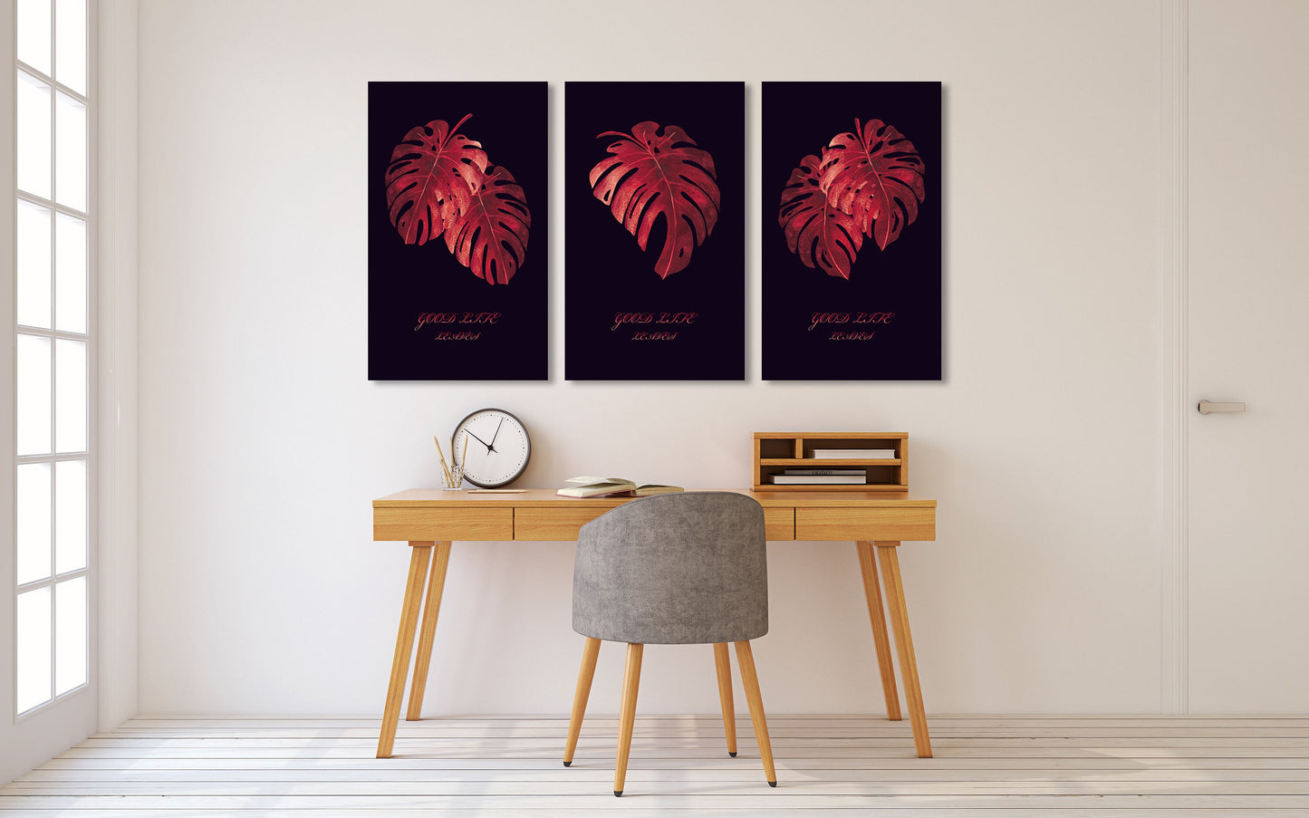 Monstera canvas , tropical wall decor, canvas painting , plant wall art, colorful red wall art, decorative gift, printable wall art set of 3