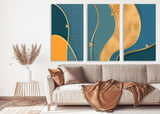 Modern abstract wall art with waves in blue colors, multi panel canvas room wall decor, extra larde set of three printable artworks