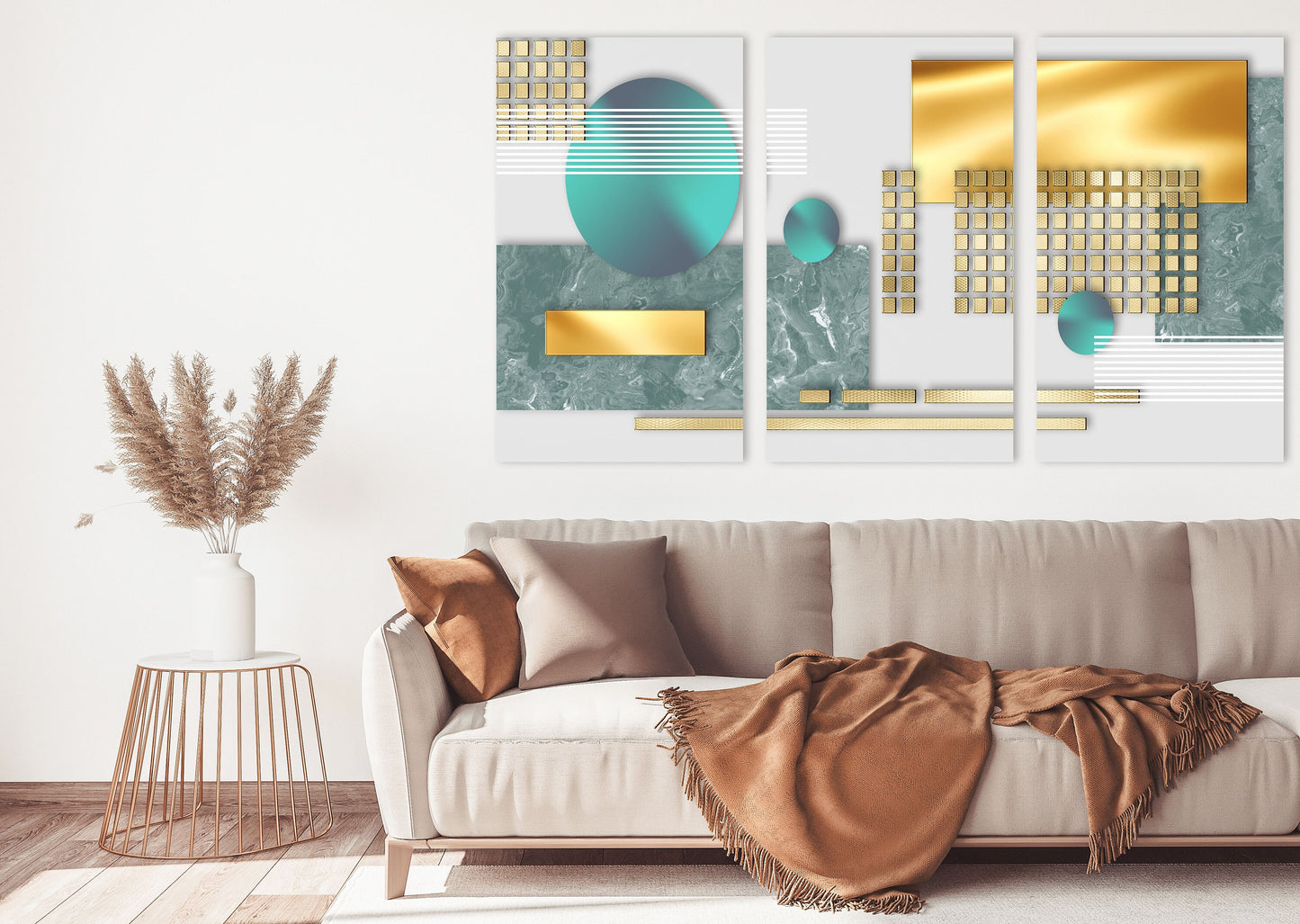 Extra large geometric wall art, odern abstract canvas art print, multi panel canvas wall decor, set of 3 art prints for gift in gold & blue