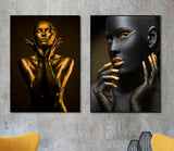 Modern framed canvas wall art paintings, home wall fashion decor in gold and black, two panel  print wall art with woman in floating frame