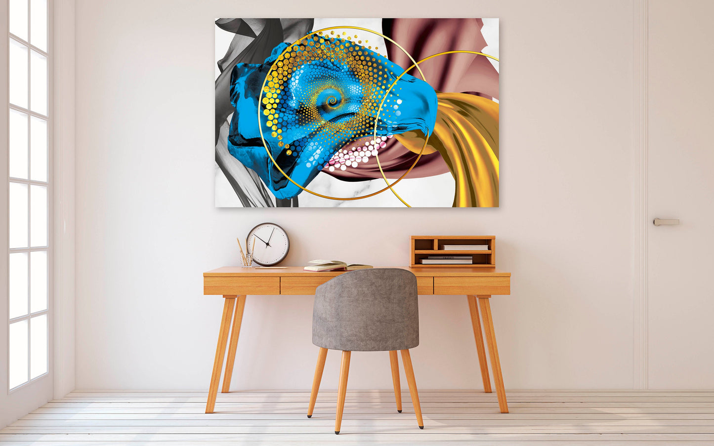 Large colorful abstract canvas wall art, horisontal multi panel gold and blue artwork, modern set of three housewarming prints, trendy gift