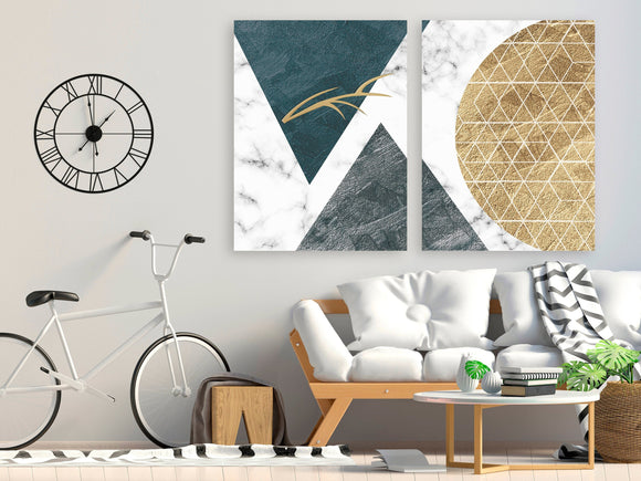 Multi panel gray and gold canvas wall art, marble geometric abstract printable wall art, trendy prints set of 3 with triangles and circle