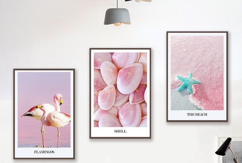 Set of three framed nature canvas prints, pink nautical artwork in floating frame, modern seascape wall art, shells and flamingo prints