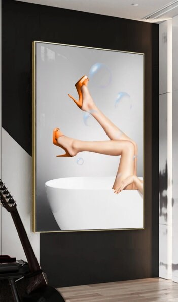 Modern framed erotic canvas print, extra large canvas artwork with woman legs, trendy canvas painting for bathroom, floating frame print