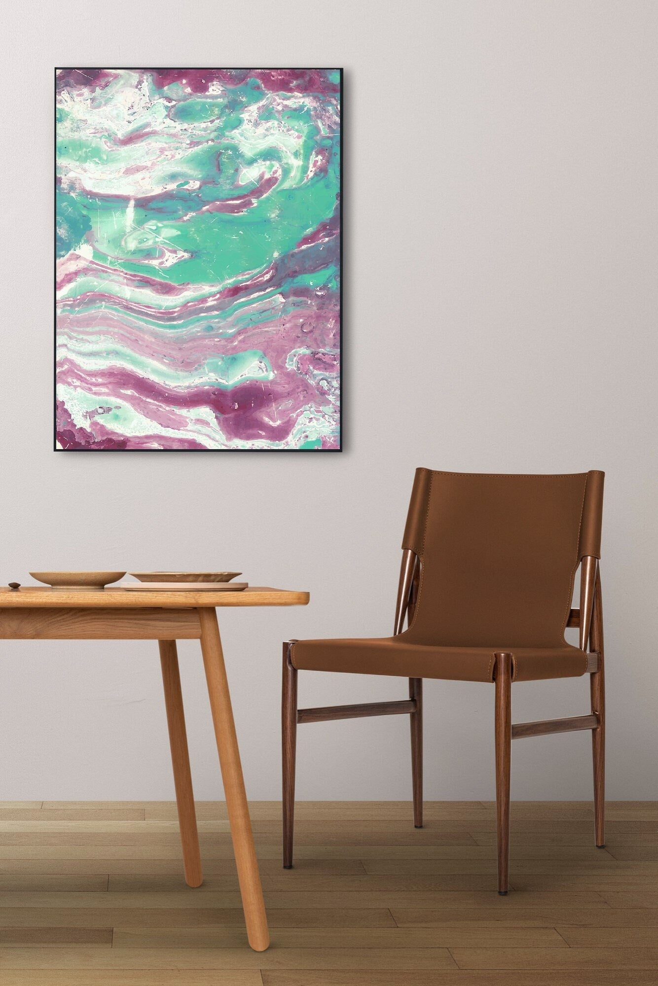 Abstract wave painting on canvas, colorful floating frame print, large blue purple minimalist printable artwork, colorful modern art gift