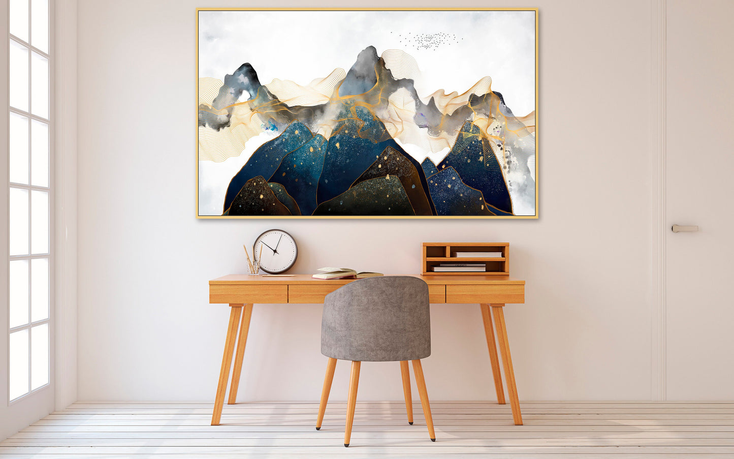 Abstract framed blue mountains canvas wall art, large landscape printable wall art in gold floating frame, set of 3 artworks for home