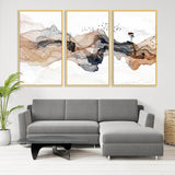 Abstract modern framed canvas wall art, multi panel extra large print wall art in gold floating frame, housevarming set of 3 wall arts