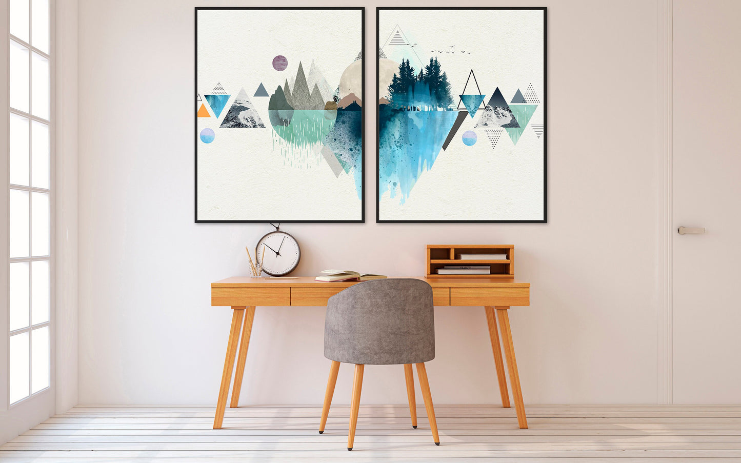 Abstract modern blue geometric framed wall art, large canvas printable artwork with abstract mountains, black frame multi panel canvas art