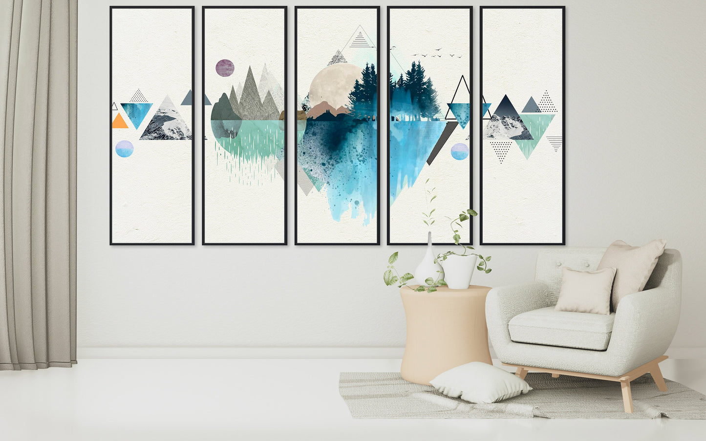 Abstract modern blue geometric framed wall art, large canvas printable artwork with abstract mountains, black frame multi panel canvas art