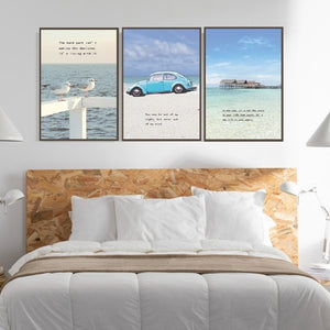 Set of 3 marine wall art in floating frame, nautical canvas three piece prints, blue framed artworck with inspiritual saing, seascape art