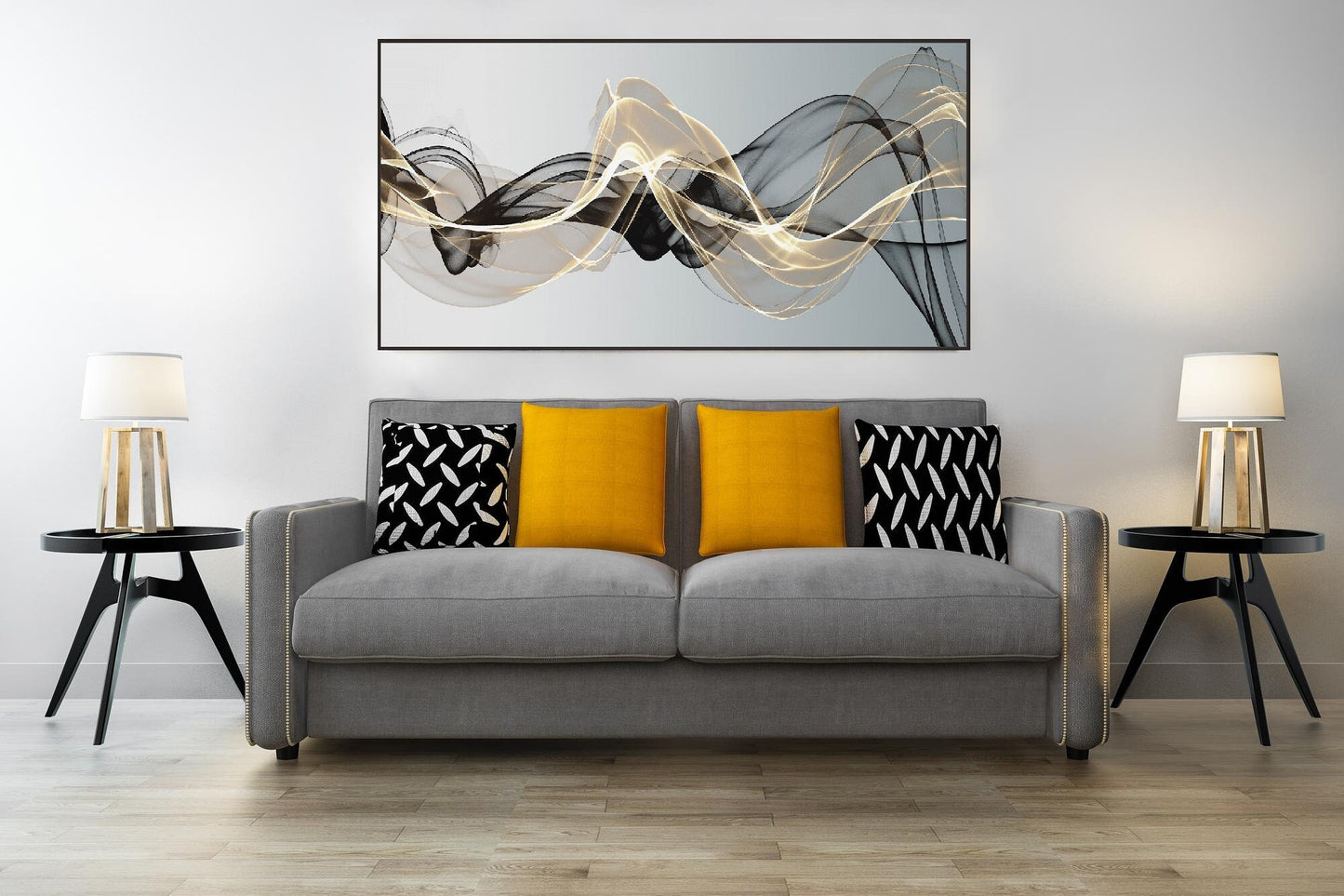 Abstract wave printable wall art, trendy black and gold framed horizontal painting, extra large floating frame wall artwork with gold wave
